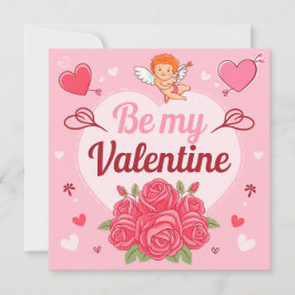 Cartão De Festividades Be my valentine Cupid roses