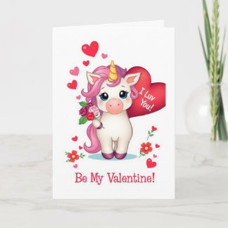 Cartão De Festividades Be My Valentine!  I Luv You!  Valentines Unicorn