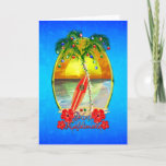 Cartão De Festividades Beach Mele Kalikimaka<br><div class="desc">Mele Kalikimaka,  havaiano para Feliz Natal. Arte de praia com palmeira decorada com luzes e ornamentos de Natal e um fundo azul-oceânico tropical.</div>