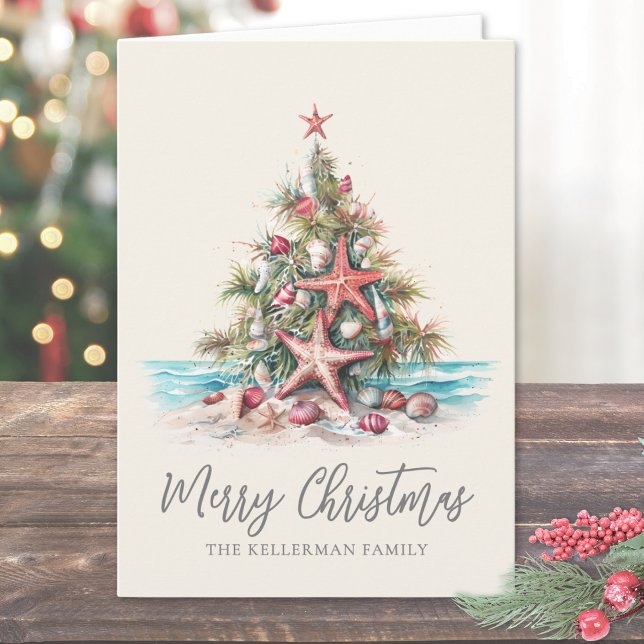 Cartão De Festividades Beach Merry Christmas Tree (Beach Merry Christmas Tree Holiday Card)