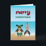 Cartão De Festividades Beach Theme Christmas Card<br><div class="desc">Fun Holiday greeting card for any beach lover! A surfer reindeer and his penguin buddy are getting ready to catch some waves on a tropical beach.</div>