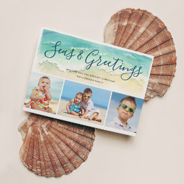 Cartão De Festividades Beachal Azul Três Fotos Seas e Saudações