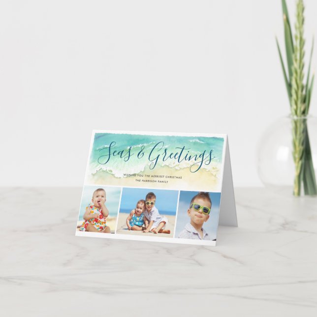 Cartão De Festividades Beachy Coastal Blue 3-Photo Seas & Greetings (Frente)