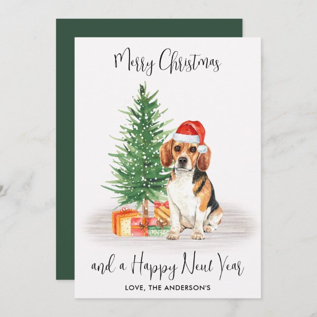 Cartão De Festividades Beagle Dog Papais noeis Árvore Festiva Feliz Natal (Frente/Verso)