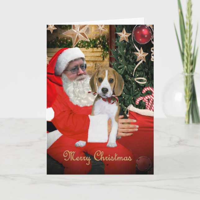 Cartão De Festividades Beagle Puppy on Santa's Lap Cards (Frente)