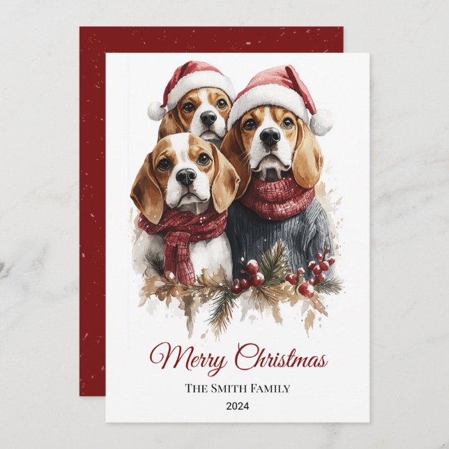 Cartão De Festividades Beagle Watercolor Natal Mínimo (Frente/Verso)