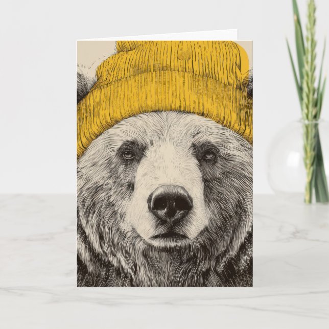 Cartão De Festividades Bear in Yellow Beanie Rustic Woodland Animal  (Frente)