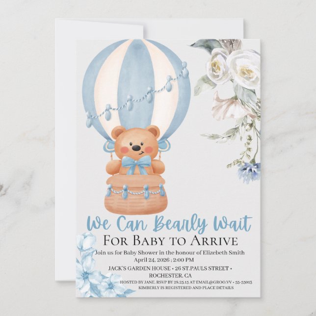 Cartão De Festividades Bearly Wait Hot Air Ballon Baby Shower Invitation (Frente)