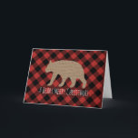 Cartão De Festividades Beary Merry Christmas Card<br><div class="desc">A Christmas card featuring an illustration of a burlap bear silhouette.  White text says,  "A Beary Merry Christmas",   Background is red and black lumberjack buffalo plaid check.  Personalize with your own photo and text inside.</div>