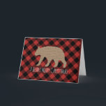 Cartão De Festividades Beary Merry Christmas Card<br><div class="desc">A Christmas card featuring an illustration of a burlap bear silhouette.  White text says,  "A Beary Merry Christmas",   Background is red and black lumberjack buffalo plaid check.  Personalize with your own photo and text inside.</div>