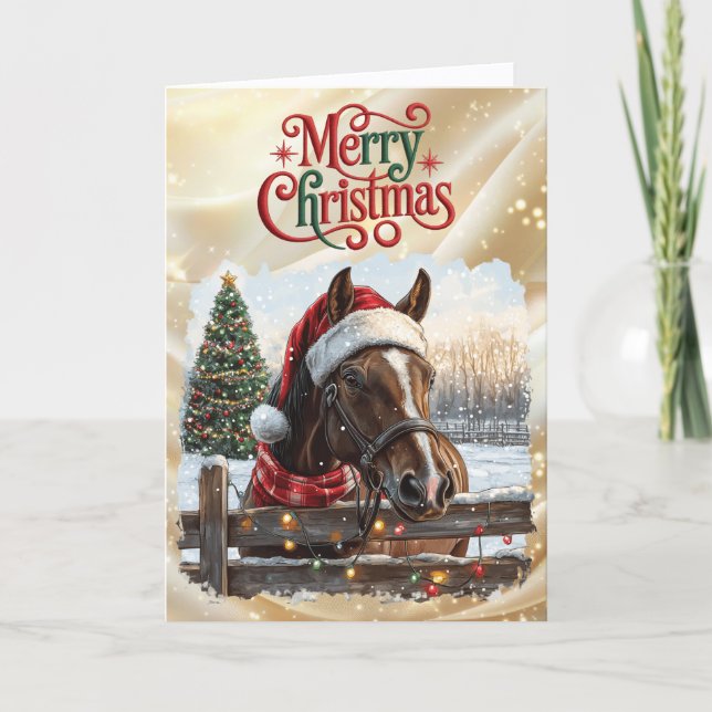 Cartão De Festividades Beautiful Bay Horse with Red Ribbon (Frente)