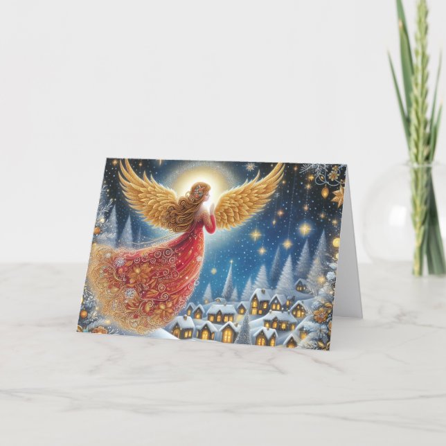 Cartão De Festividades Beautiful Crimson and Gold Angel Christmas (Frente)