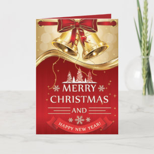 Cartão De Festividades Beautiful Golden Christmas Bells with Red Bow