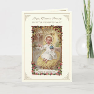 Cartão De Festividades Bebê de Natal Jesus Poinsettias Rosary