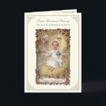 Cartão De Festividades Bebê de Natal Jesus Poinsettias Rosary<br><div class="desc">Apresentando uma bela imagem vintage do Bebê Jesus em um manger segurando um globo com uma fronteira de rosa. ... Dentro é um buquê floral de poinsettia,  rosário e verso das escrituras abaixo. Todo texto pode ser modificado.</div>