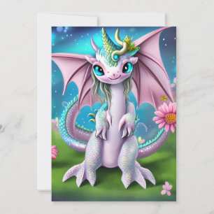 Cartão De Festividades Bebê Dragão Fofo Sorridente com Flores