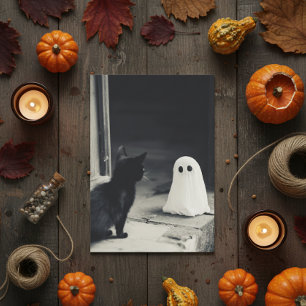Cartão De Festividades Bebê Fantasma Fofo e Gatinho no Halloween