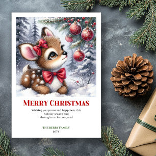 Cartão De Festividades Bebê Fawn Clássico Floresta Nevada Aquarela Natal