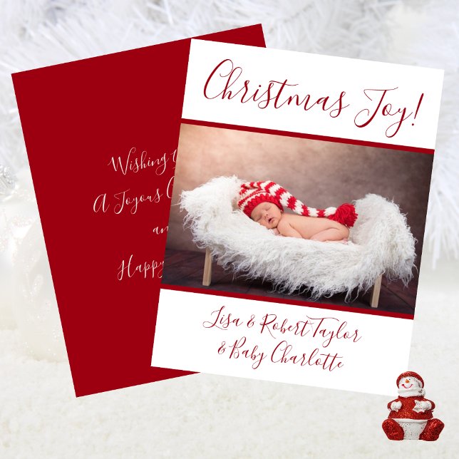 Cartão De Festividades Bebê Foto de Natal Alegria Com Nomes Vermelhos (Baby Photo Christmas Joy With Names Red Holiday Card)