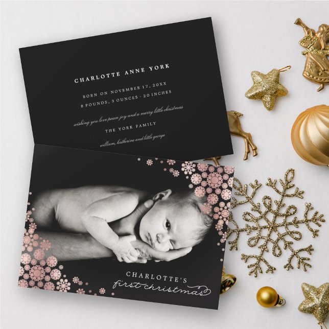 Cartão De Festividades Bebê Primeiro Natal Inverno Flocos de Neve Foto Na (Criador carregado)