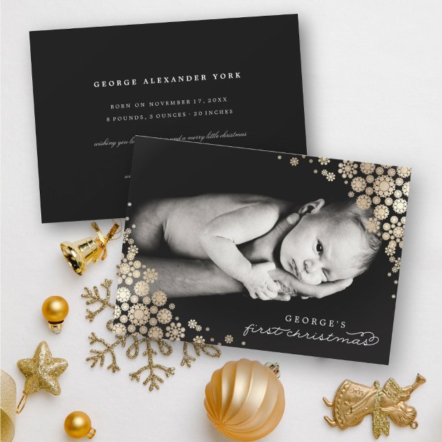 Cartão De Festividades Bebê Primeiro Natal Inverno Flocos de Neve Foto Na (Criador carregado)