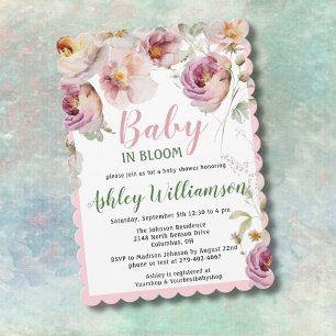 Cartão De Festividades Bebê Rosa Floral em Bloqueio Watercolor