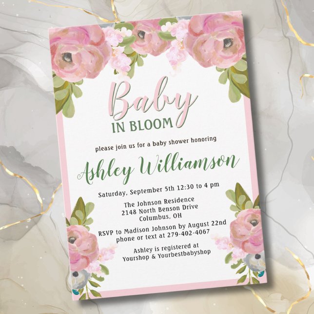 Cartão De Festividades Bebê Rosa Floral Pintado na Mão de Sangue (Criador carregado)