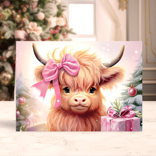 Cartão De Festividades Bebê Vaca das Terras Altas com Arco Rosa Natal
