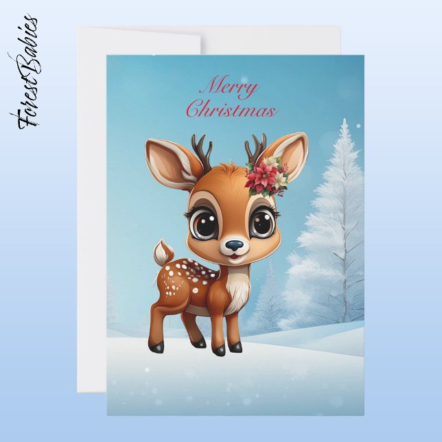 Cartão De Festividades Bebê Veado, Fawn, Doce, Reindeer Floral 🦌 🎄 Neve (Floral Baby Deer, Fawn, Doe  Lover🦌 Reindeer Antlers Merry Christmas🎄 Blue/Snow Xmas Holiday Card)
