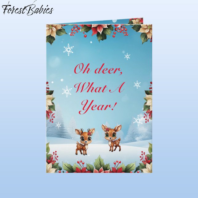 Cartão De Festividades Bebê Veado, Fawn, Doce, Reindeer Floral 🦌 🎄 Neve (ForestBabies Floral Baby Deer, Fawn, Doe, Reindeer Antler Lover, Snow, Poinsettia Holiday Card 🦌🎄)