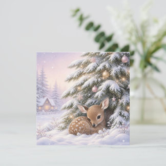 Cartão De Festividades Bebê Veado Fofo ao Lado de uma Árvore de Natal Nev