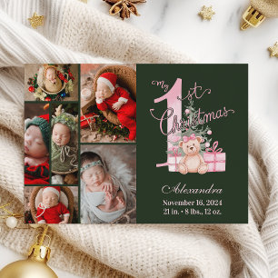 Cartão De Festividades Bebê Verde Rosa Primeiro Natal 6 Fotos