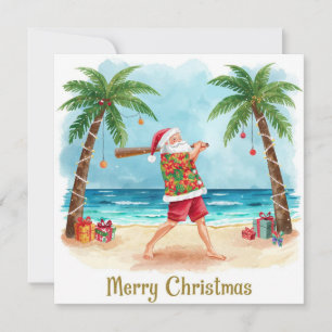 Cartão De Festividades Beisebol de Natal na Praia com Papai Noel