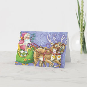 Cartão De Festividades Bela Cartoon Natal Papai Noel Sleigh Reindeer