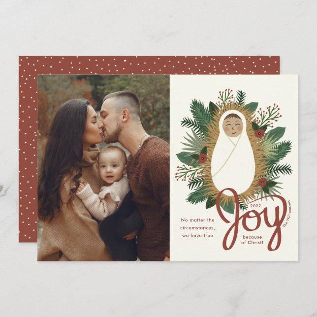 Cartão De Festividades Bela Criança Jesus Cristo Script Joy Foto Natal (Frente/Verso)