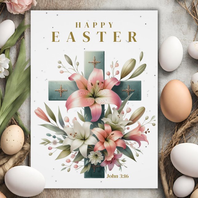 Cartão De Festividades Bela Páscoa Cristã Personalizada da Cruz Floral (Beautiful Floral Cross Custom Christian Easter Holiday Card with customizable text.)