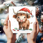 Cartão De Festividades Bela Vaca em Terras Altas Nome Feliz Natal<br><div class="desc">Bela Vaca Highland Nome Feliz Natal. Disponível digitalmente e impresso. Bonitinha festiva para o seu feriado deseja com esta doce vaca em terra alta no seu chapéu de Papai Noel e personalize sua saudação por baixo. Feliz Natal está nas costas de uma elegante escrita em vermelho e o resto do...</div>