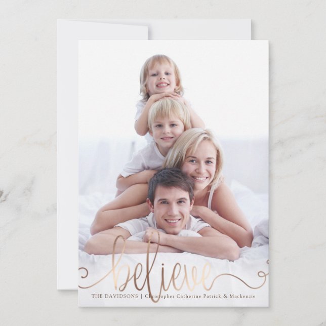 Cartão De Festividades BELIEVE Copper Blush Script Manuscrito Foto (Frente)