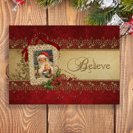 Cartão De Festividades Believe Gold and Red Damask Vintage Christmas