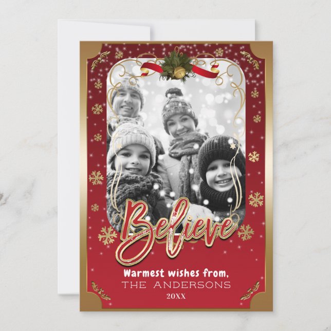 Cartão De Festividades Believe Red & Gold Winter Snowflakes Holiday Photo (Frente)