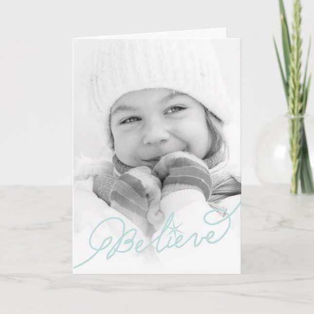 Cartão De Festividades Believe Star Aqua Blue Calligraphy Christmas Photo (Frente)