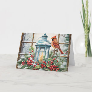 Cartão De Festividades Belíssimo Cardinal de Inverno com Lanterna de Nata