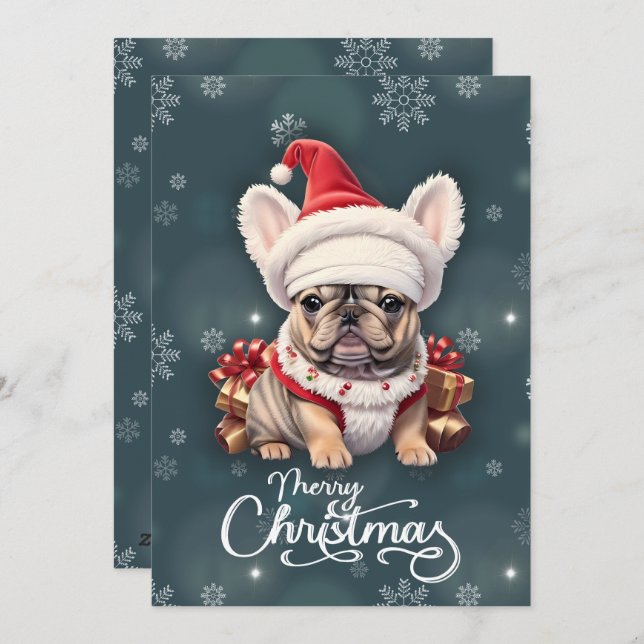 Cartão De Festividades Belo Bulldog Francês Santa Hat Feliz Natal (Frente/Verso)