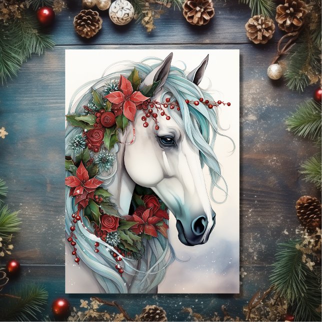Cartão De Festividades Belo Cavalo Branco com Flores Vermelhas no Natal (Front - Beautiful White Horse with Red Flowers Christmas Holiday Card)