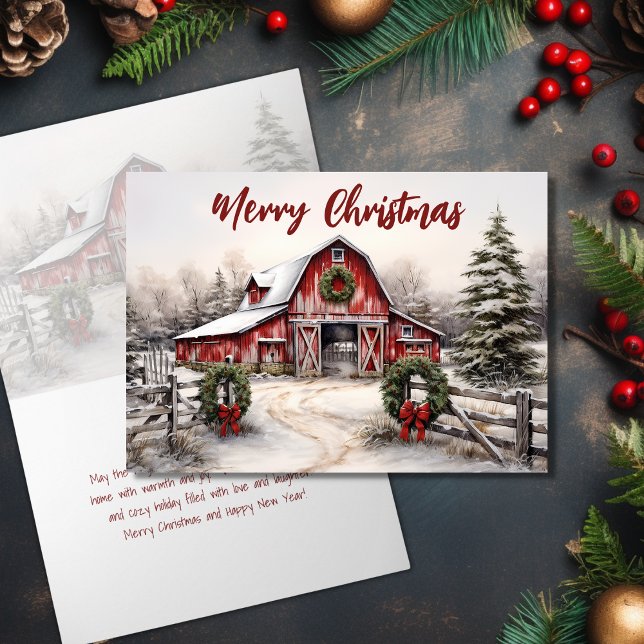 Cartão De Festividades Belo inverno de inverno Russo de Neve Vermelha Nat (Beautiful Snowy Winter Rustic Red Barn Christmas Holiday Card)