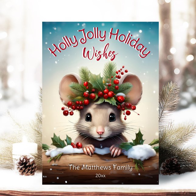 Cartão De Festividades Belo Mouse de Pequim Holly e Berry Jolly Natal (Adorable Winter Snowy Scene With Peeking Dogs or Farm/Woodland Animals - Over 50 to Choose From!)