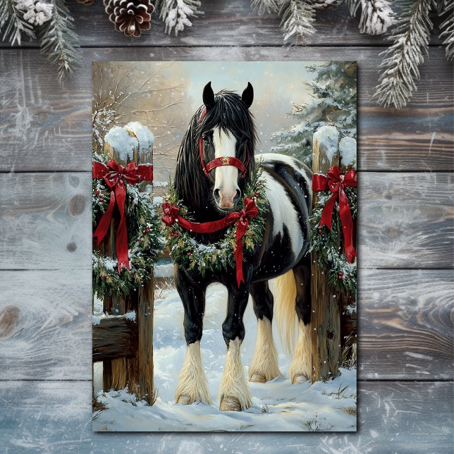 Cartão De Festividades Belo Shire Draft Horse e Wreath Christmas (Front - Beautiful Shire Draught Horse and Wreath Christmas Holiday Card)