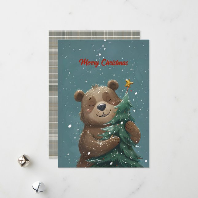 Cartão De Festividades Belo Urso Bonito Abraçando Árvore de Natal (Frente/Verso In Situ)