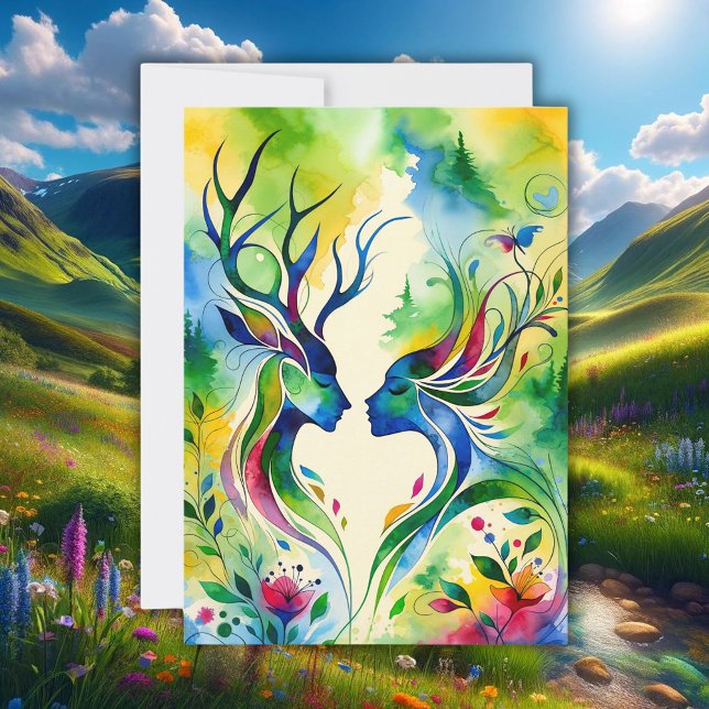 Cartão De Festividades Beltane abençoa Lord & Lady Flat Holiday Card (beltane deer pagan wiccan witch holiday greeting card watercolor illustration)