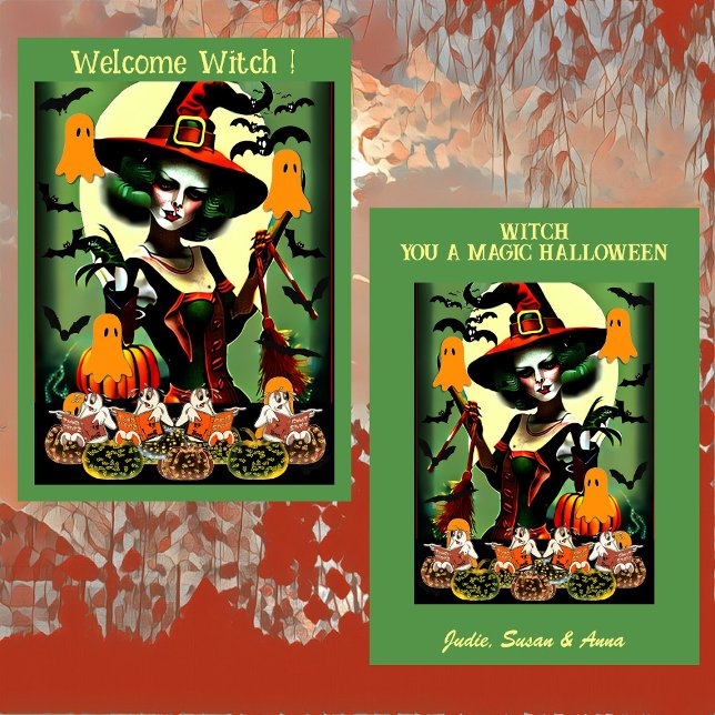 Cartão De Festividades Bem-vinda bruxa noturna brilhante Jack O Lanterna (Welcome Witch Halloween Card)